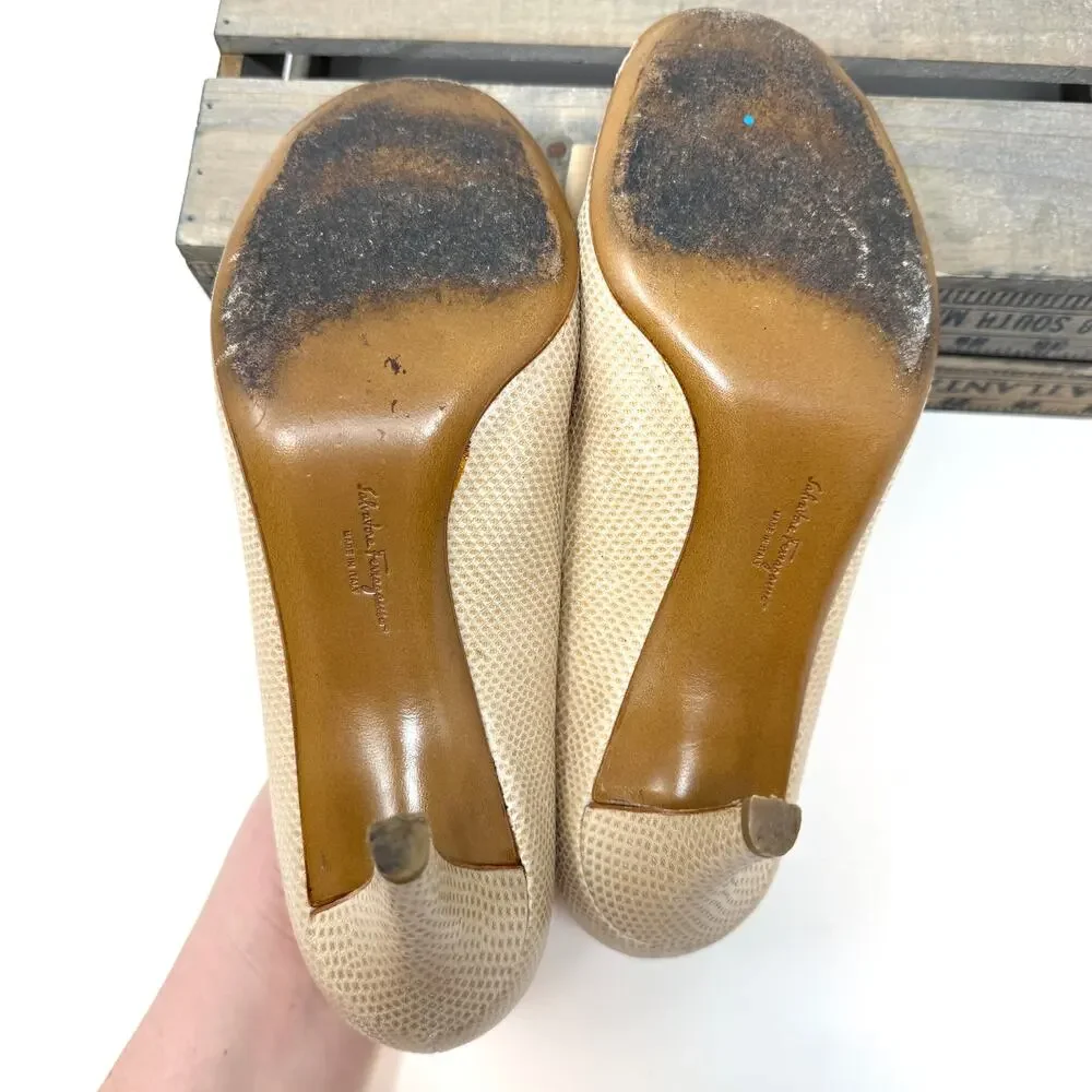 Salvatore Ferragamo Zucchero Leather Reptile Suede Bow Pumps Heels Beige Size 10